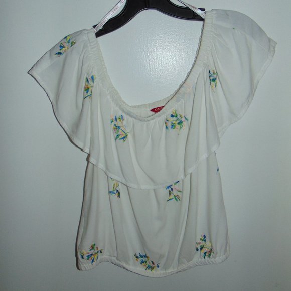 Guess Women’s Y2K Prairie Off Shoulder Ruffle Sleeveless Gauzy Top Floral L - Picture 2 of 7